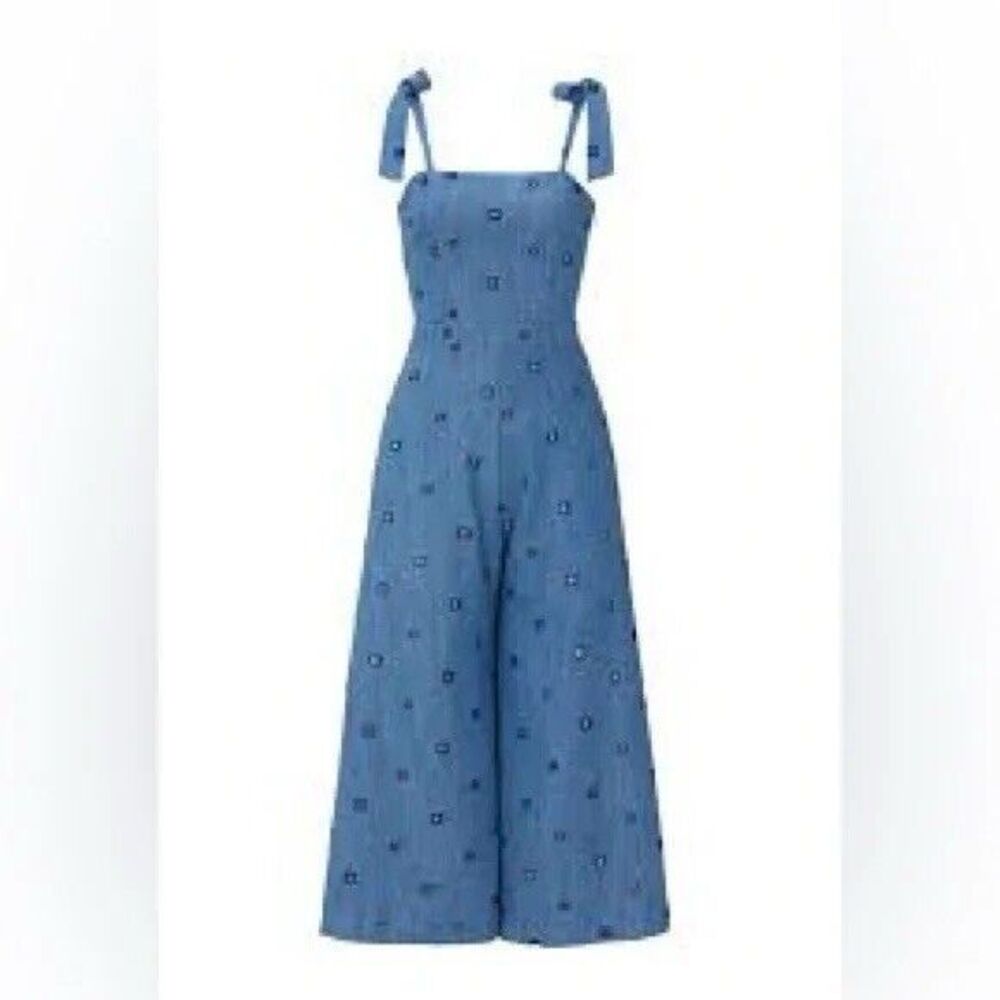 Hunter Bell Alex Denim Wide Leg Crop Jumpsuit Tie Straps With Side Zip Size 0